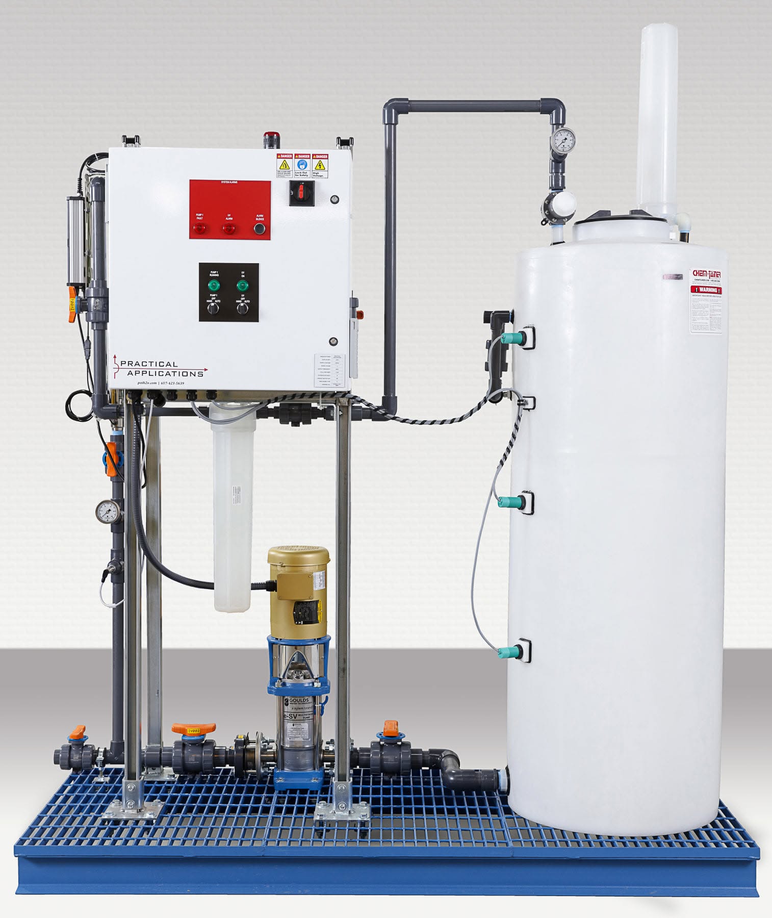 Blue-base industrial water treatment skid with control panel