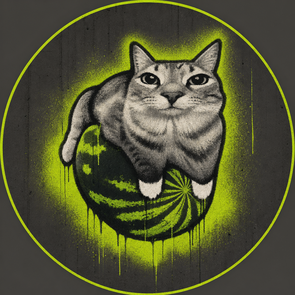 Wide mural of a tabby cat perched on a watermelon, sprayed in neon green over a dark concrete underpass with a faint city skyline