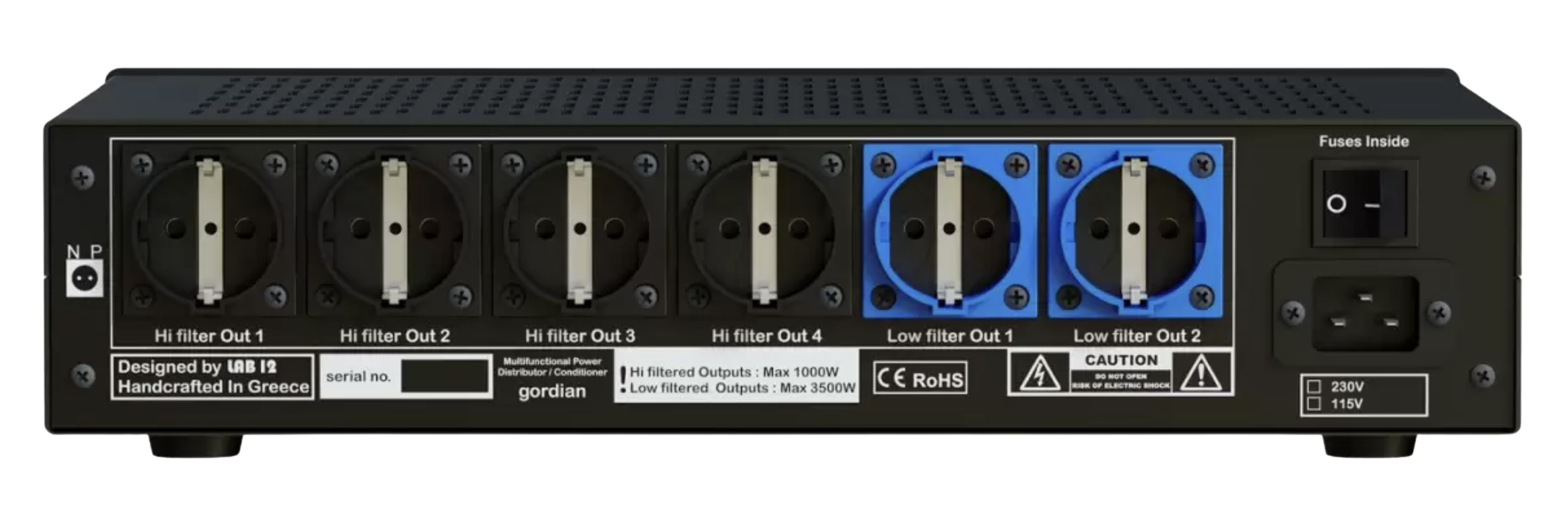 Lab12 Gordian Rückseite – 4 Hi-Filter-Ausgänge und 2 Low-Filter-Ausgänge
