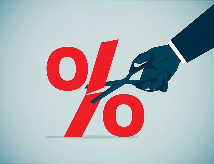 Illustration representing finance rate reduction — scissors cutting a percentage sign