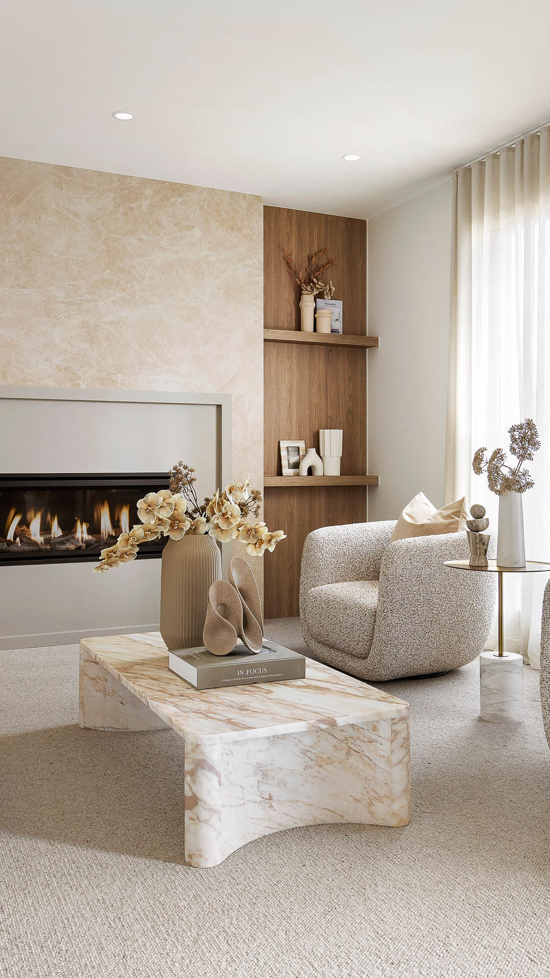 Living room with gas fireplace and warm timber joinery in a Carlisle display home