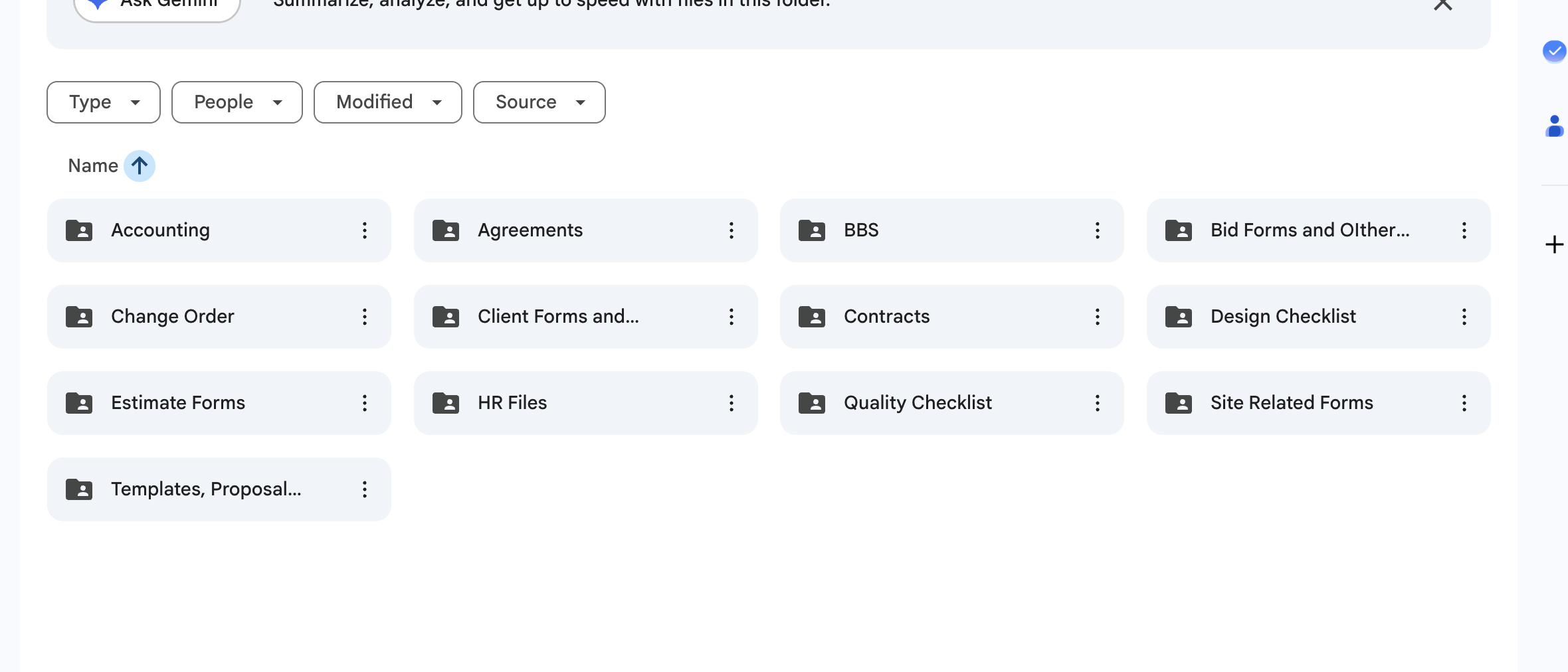 ConstructDocs subfolder library — Accounting, Agreements, BBS, Bid Forms, Change Order, Client Forms, Contracts, Design Checklist, Estimate Forms, HR Files, Quality Checklist, Site Related Forms, Templates and Proposals