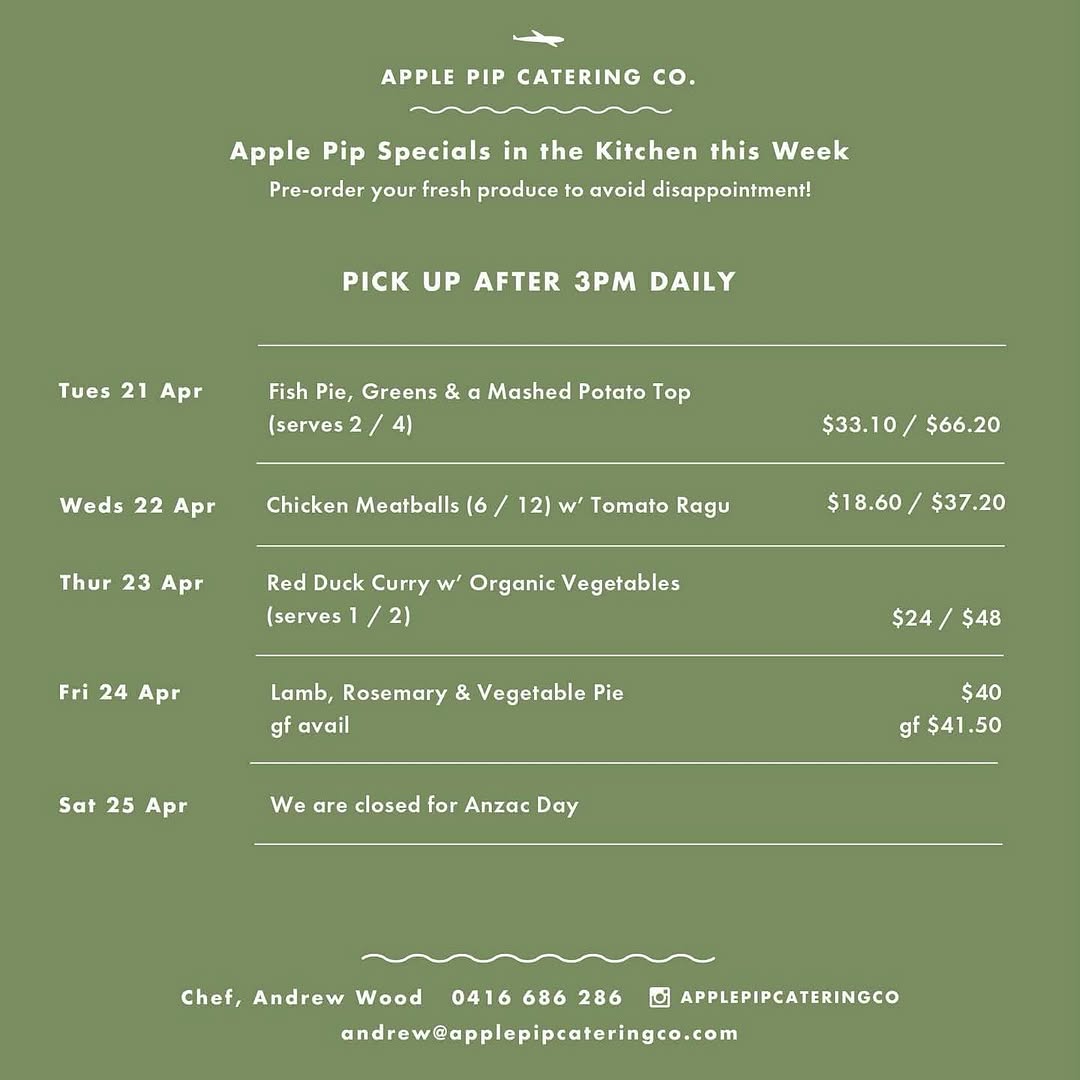 Apple Pip Catering Co weekly specials menu board showing rotating dishes for the week