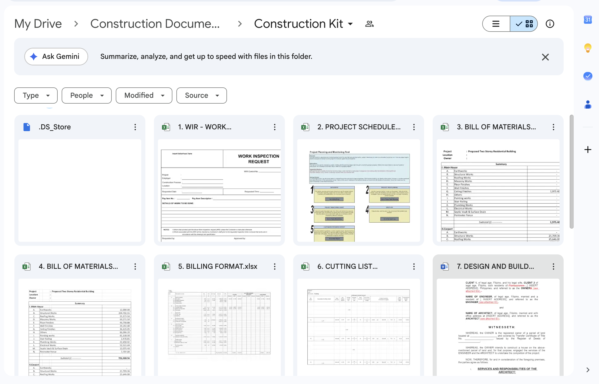 Construction Kit document previews — Work Inspection Request, Project Schedule, Bill of Materials, Billing Format, Cutting List, Design and Build Contract