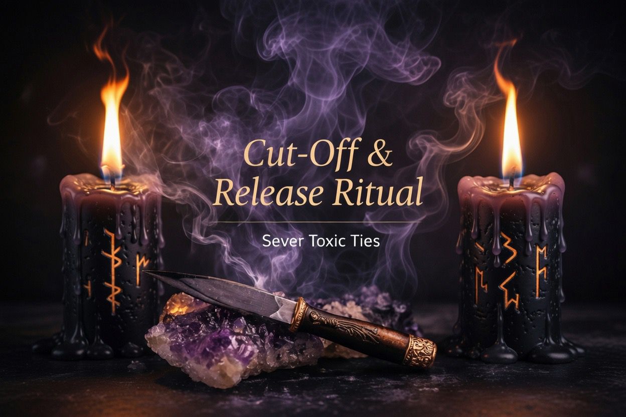 Two black rune carved candles with amethyst crystal and ritual dagger purple smoke