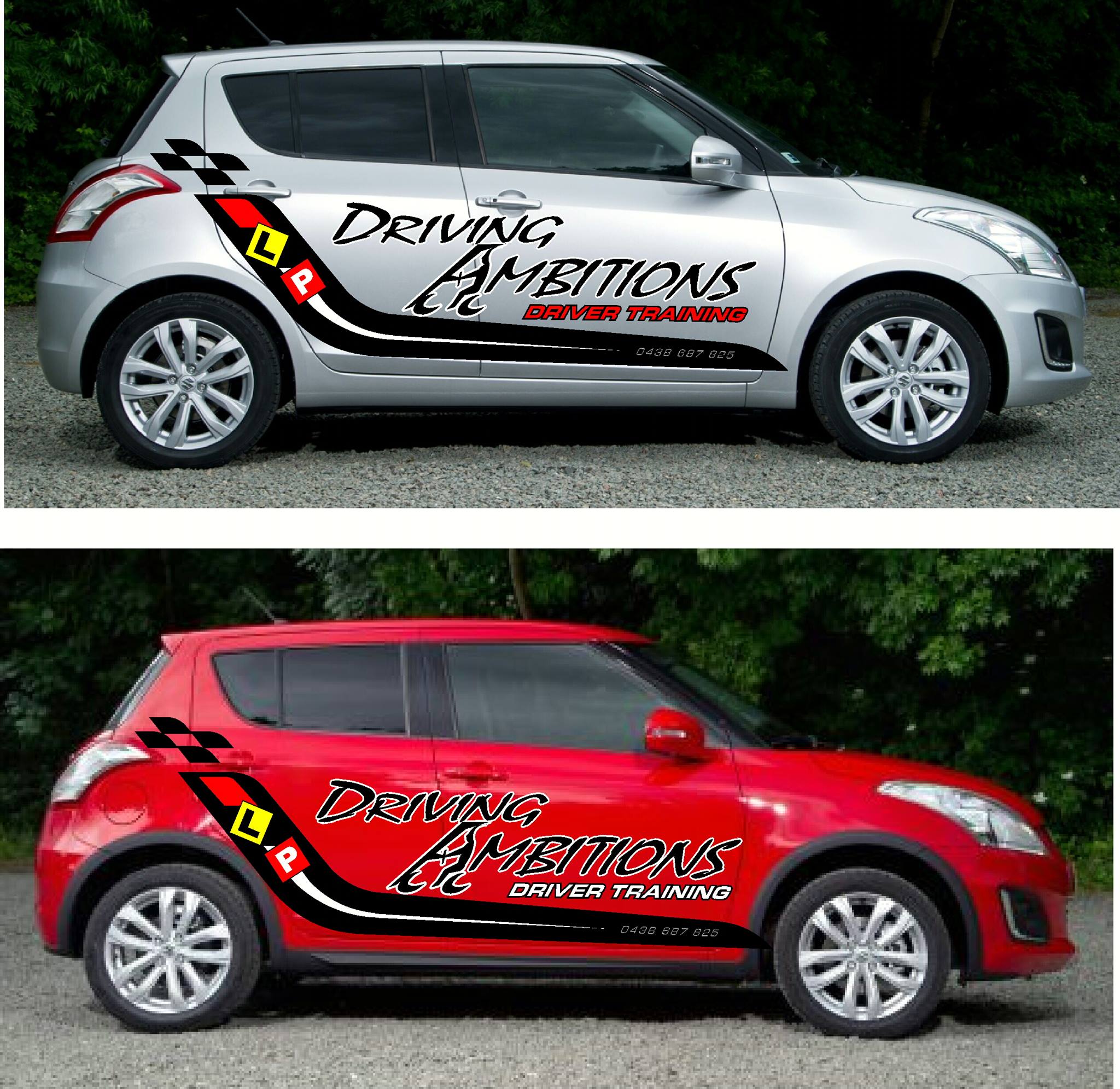 Driving Ambitions branded car with bold driver training graphics on a road in Launceston Tasmania