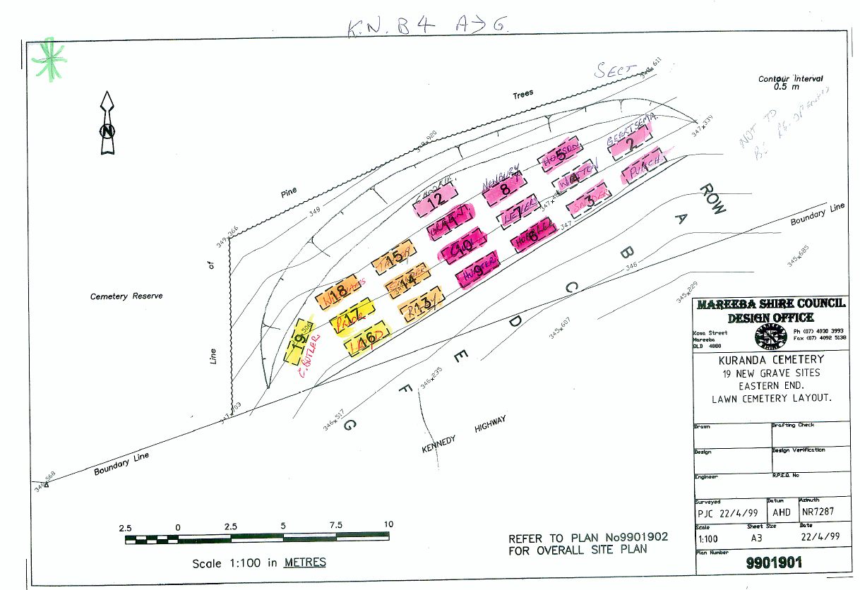 Historical Kuranda Cemetery survey map from Mareeba Shire Council Design Office, 1999