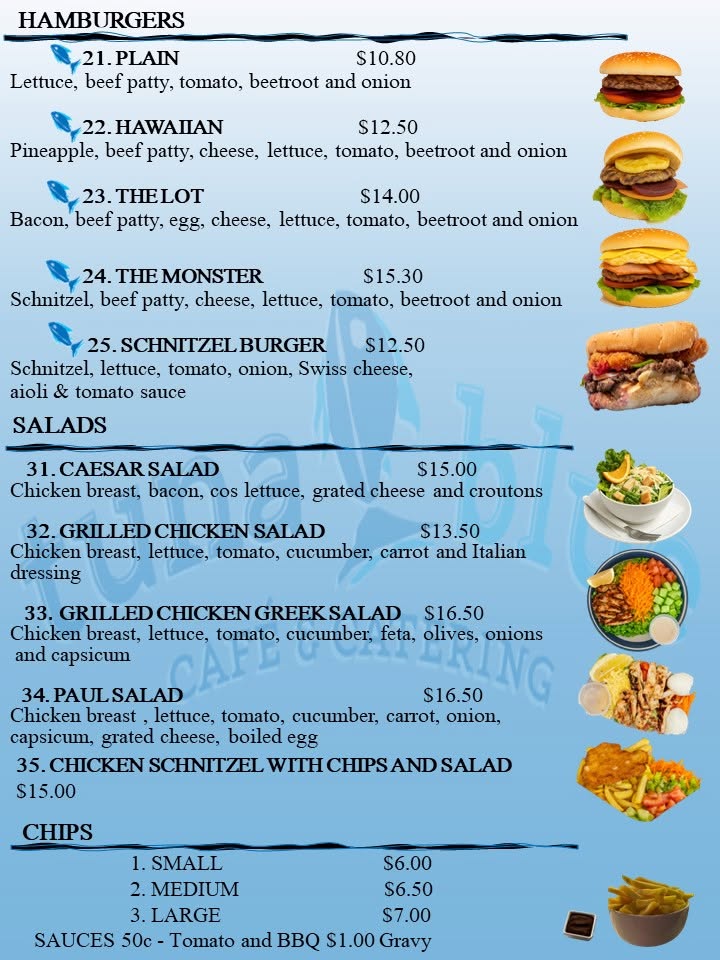 Tuna Blue Cafe hamburger and salad menu page showing fresh salad options