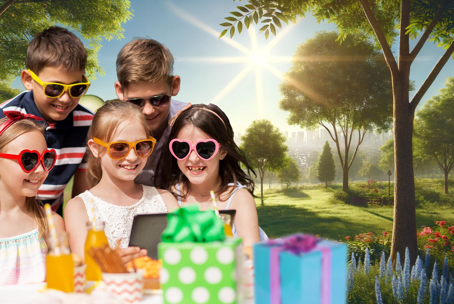 Kinder mit Sonnenbrille schauen begeistert gemeinsam auf ein Tablet beim Familienausflug in Magdeburg