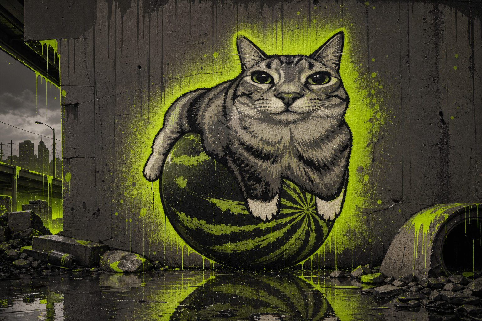 Sprayed sticker of the tabby cat sitting square on the watermelon, front-facing