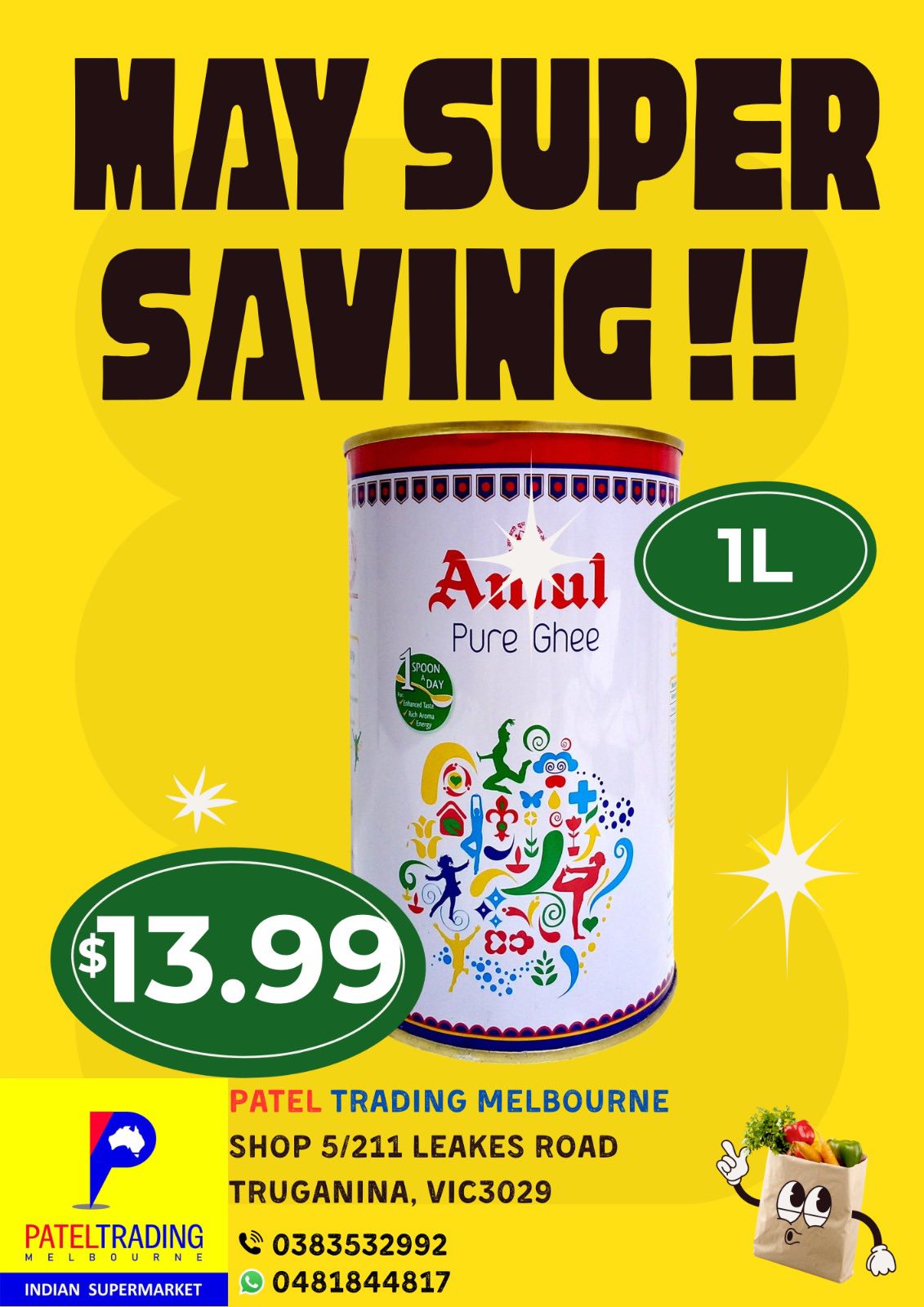 Amul Pure Ghee 1L – May Super Saving deal at Patel Trading Melbourne