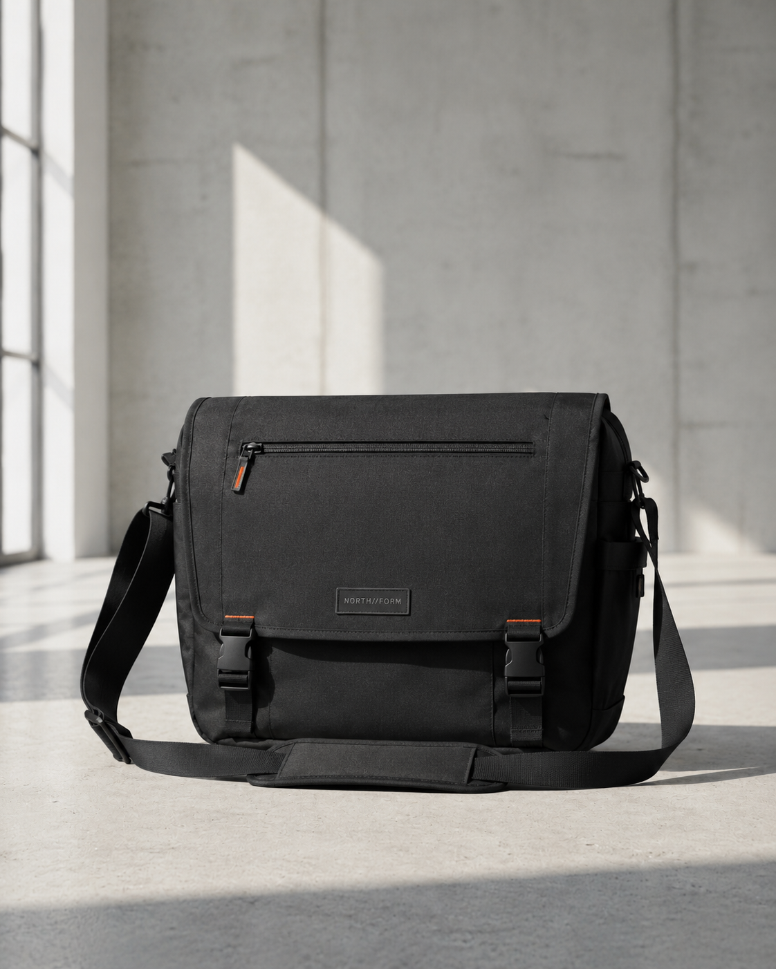 Black messenger bag with flap closure and double buckle clips in concrete studio