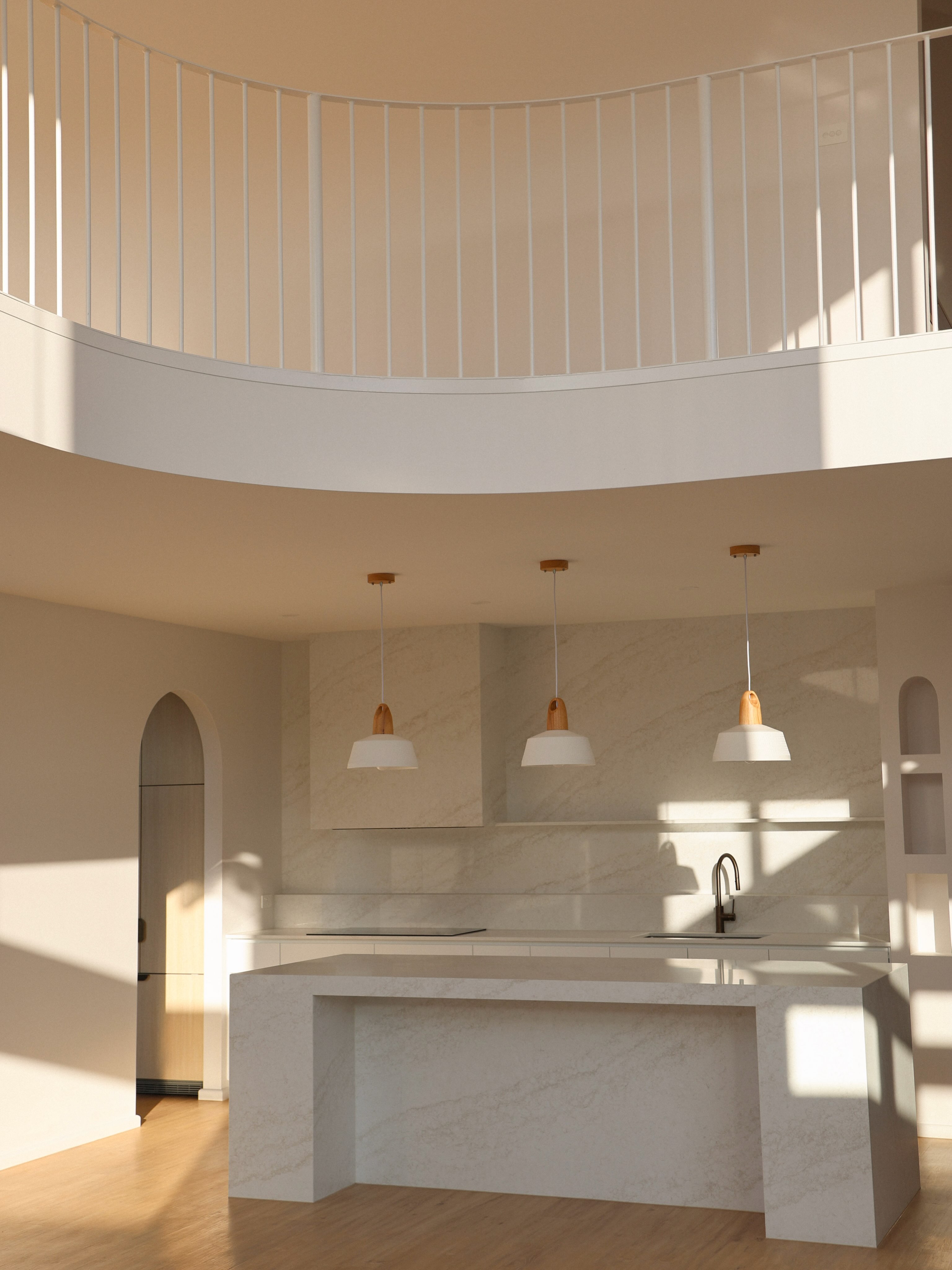 Kitchen counter detail with dark tapware and stone benchtop