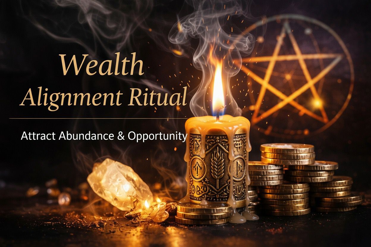 Gold rune carved candle with coins crystals and pentagram star wealth ritual