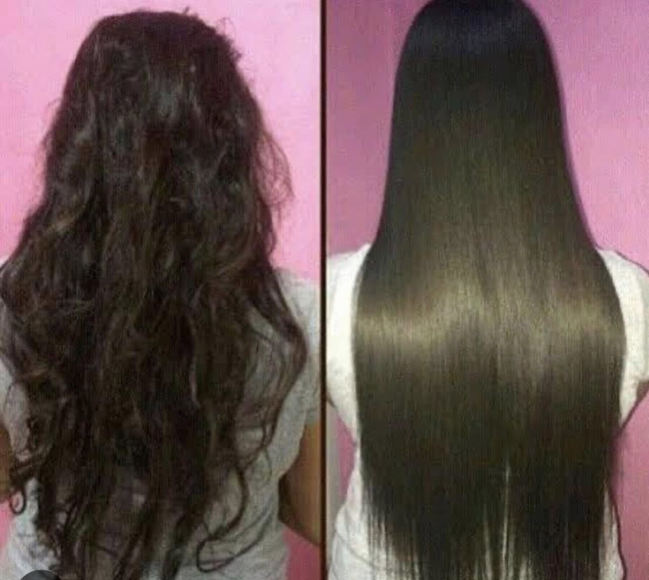 Side-by-side comparison of frizzy dark hair and smooth, glossy straight hair