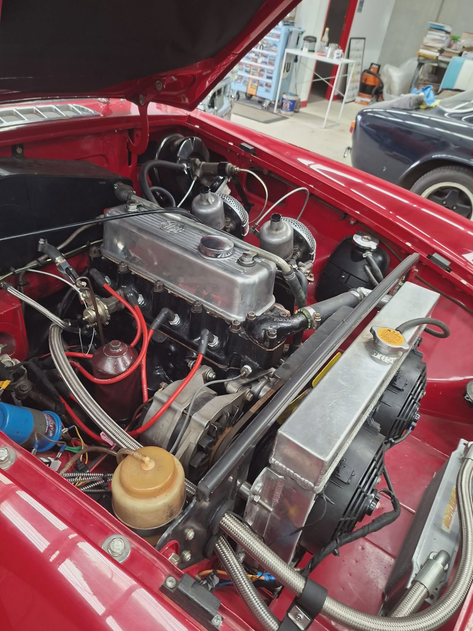 Classic MG engine bay showing polished inline-4 with chrome valve cover