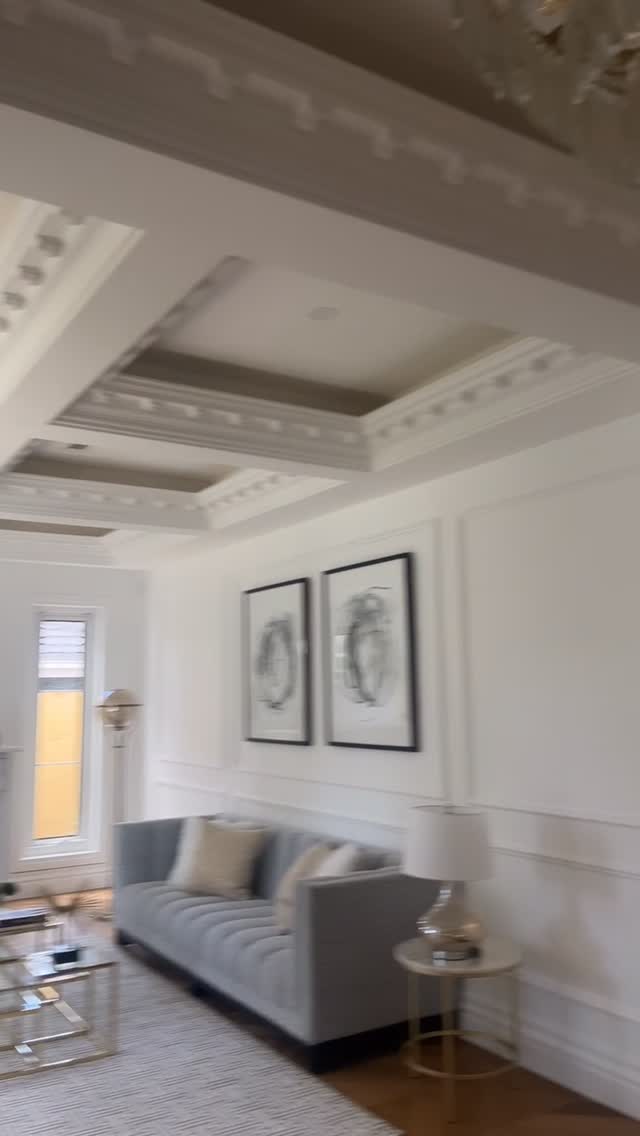 Elegantly painted living room with ornate coffered ceiling and wainscoting — Prime Coat Painter M work