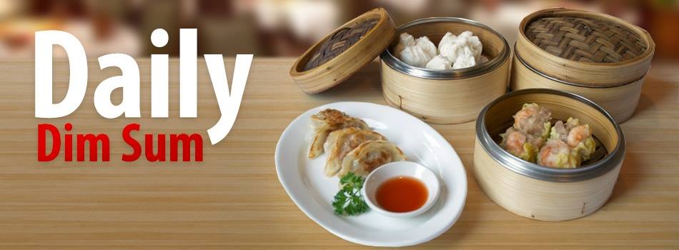 Daily dim sum spread with bamboo steamers and pan-fried dumplings on display