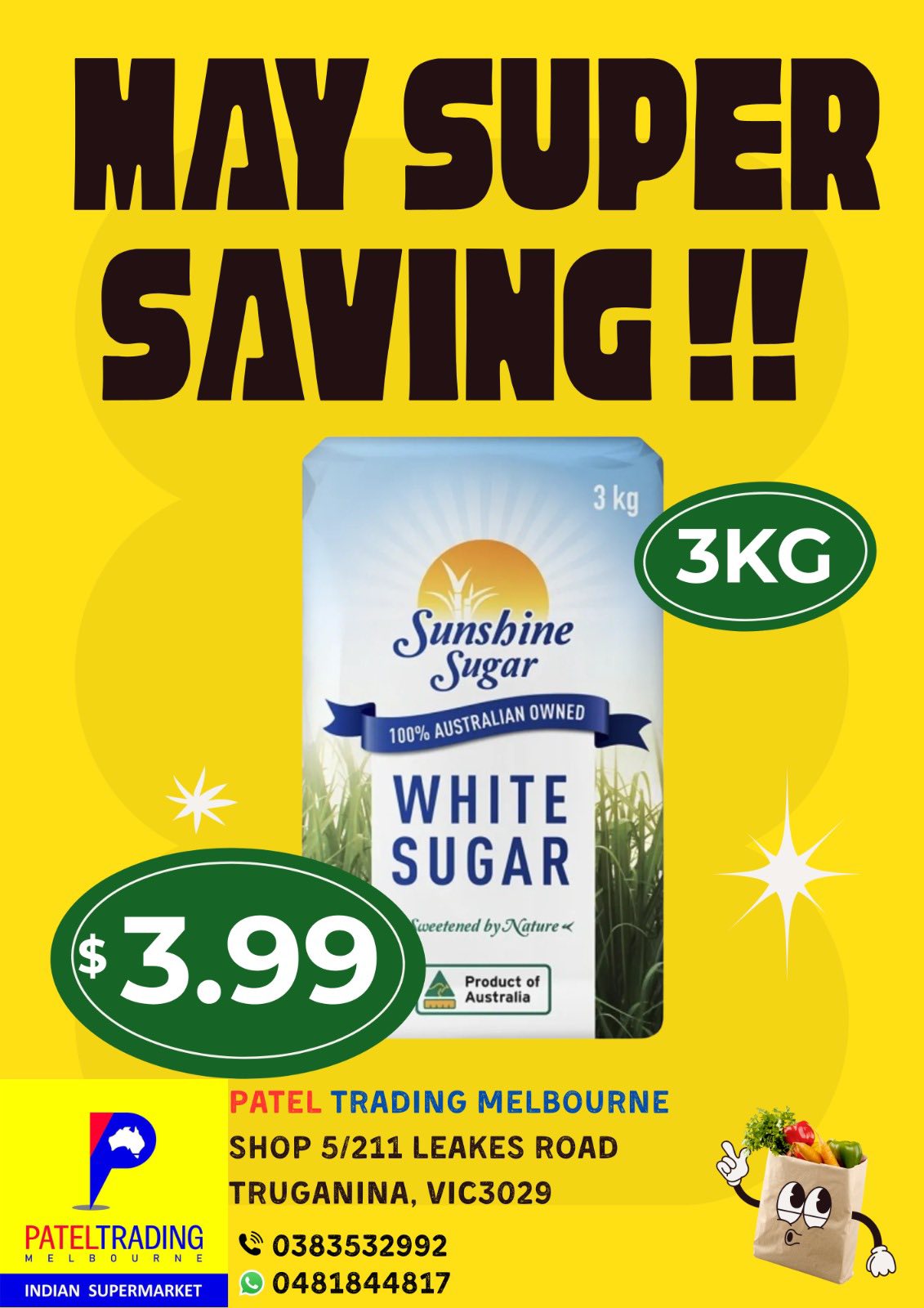Sunshine Sugar 100% Australian Owned White Sugar 3kg – May Super Saving at Patel Trading Melbourne