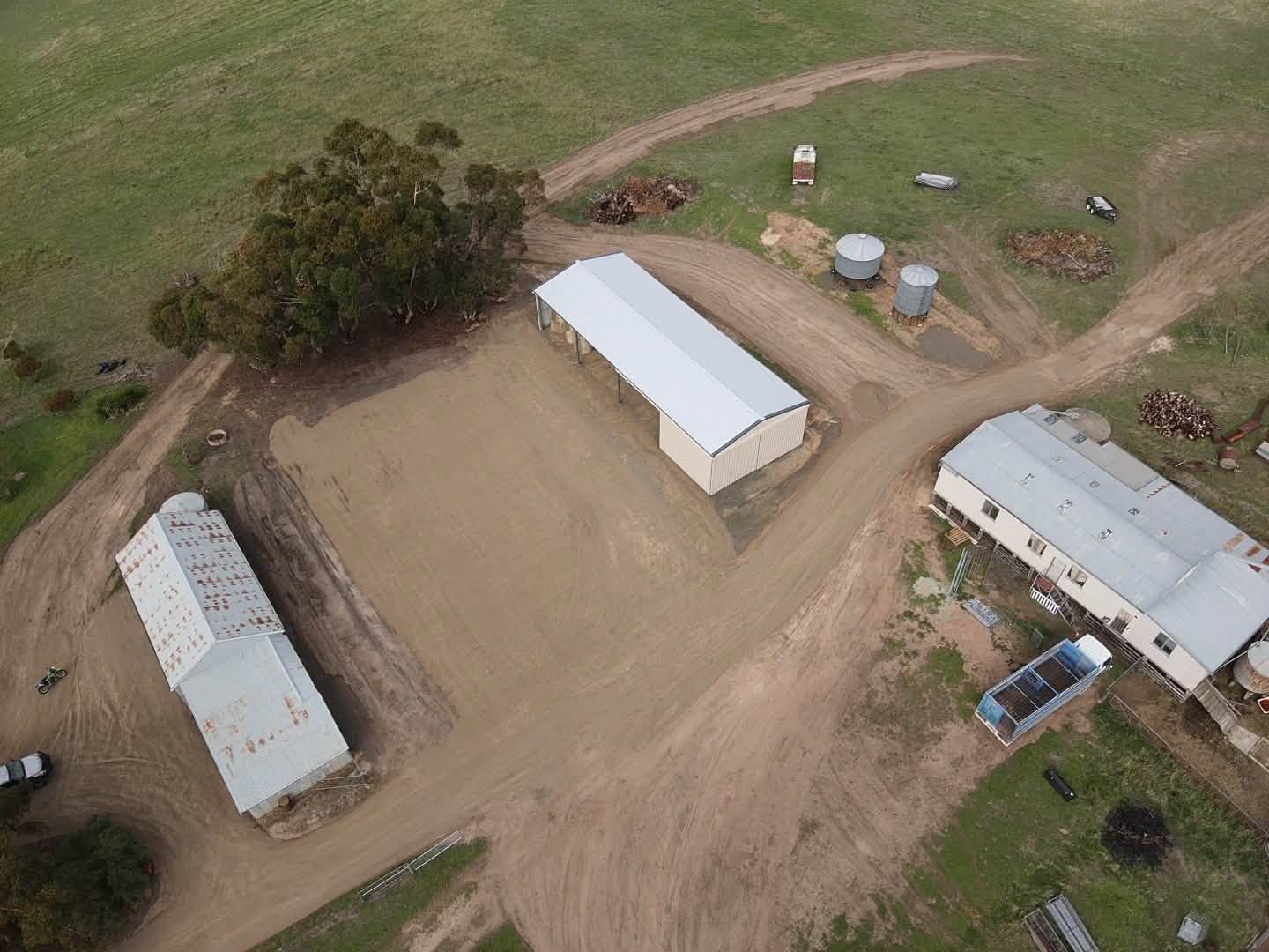 Aerial view of completed shed pad and hardstand on rural property