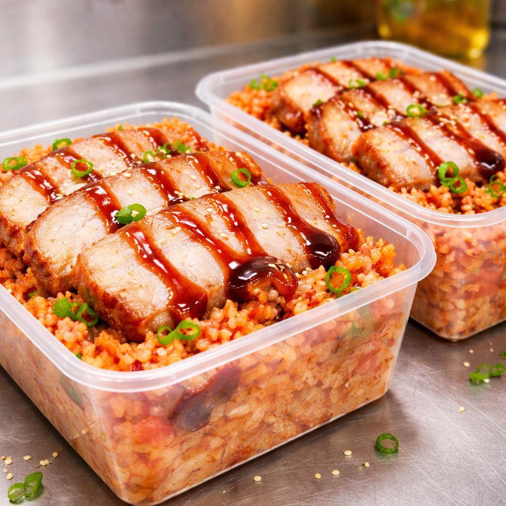 Fresh takeaway containers of glazed meat with seasoned fried rice — ready for dine-in or takeaway