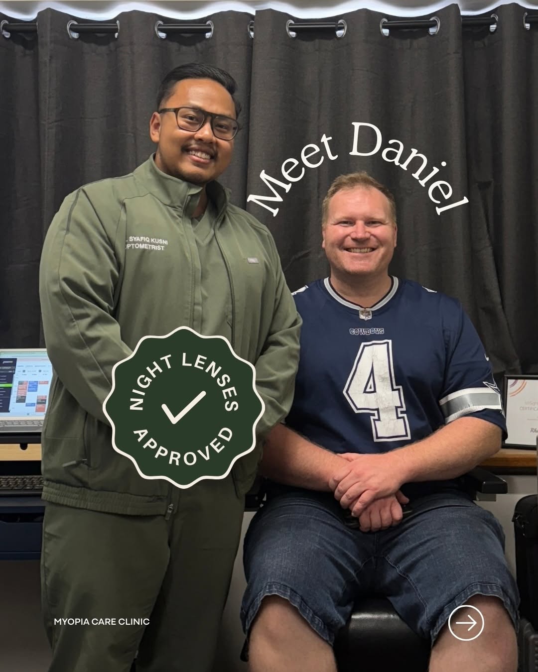 Myopia Care Clinic optometrist with young patient Yuming after successful night lens fitting