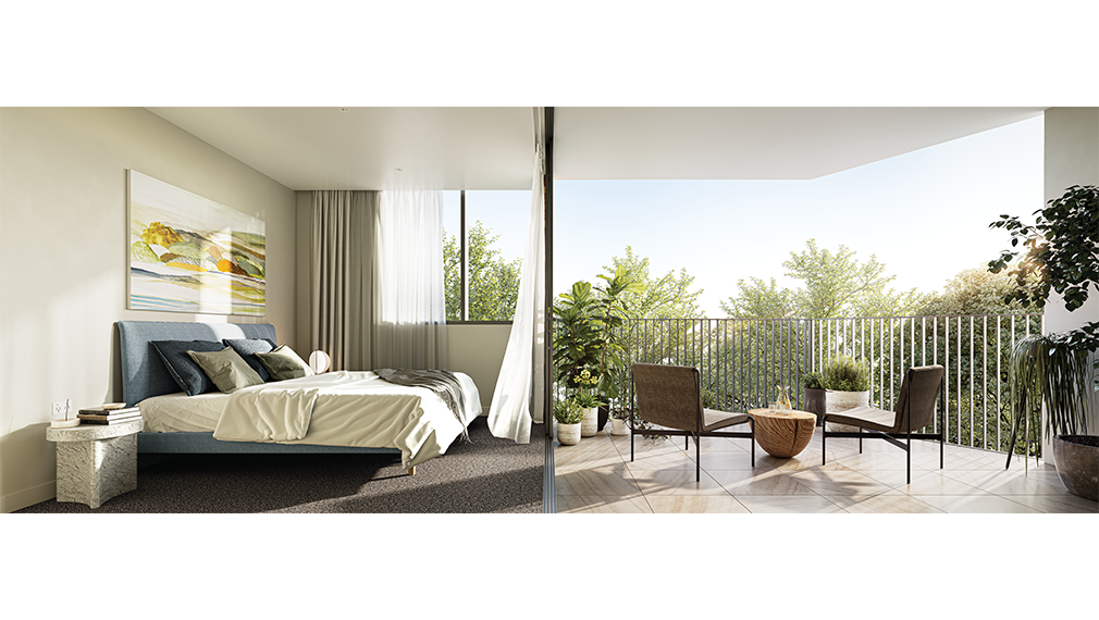Premium apartment bedroom with balcony and garden views — Ecospective Property