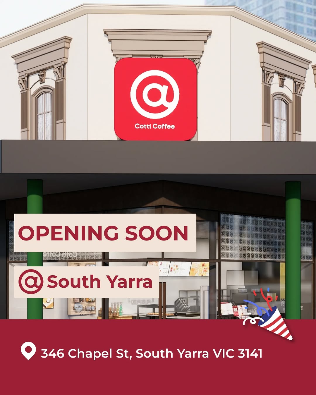 Cotti Coffee store exterior with illuminated signage and red Cotti Coffee logo on building facade