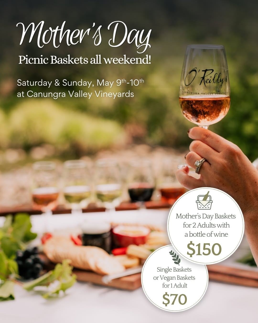 O'Reilly's branded picnic basket and wine setup for a Mother's Day outdoor event