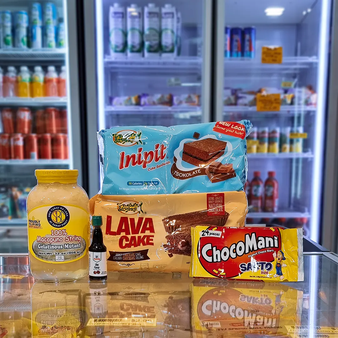 Inipit cake sandwiches, lava cake, macapuno and ube flavouring on a counter