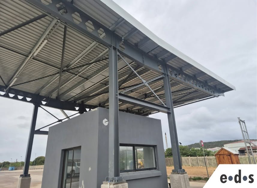 Steel structural canopy framework — detailed view of engineered steel members and connections