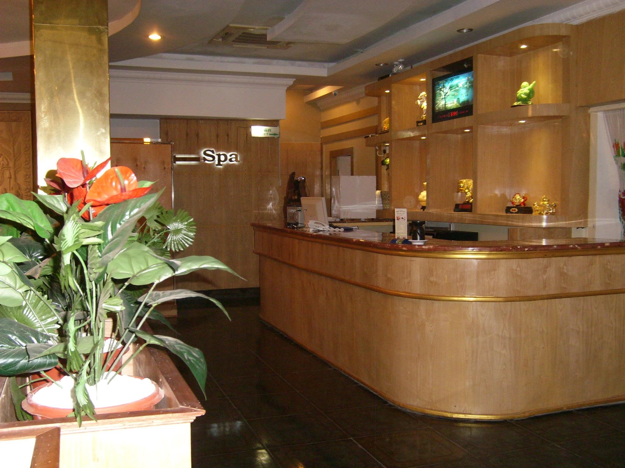 Warm welcoming spa reception lobby with timber furnishings and tropical plants