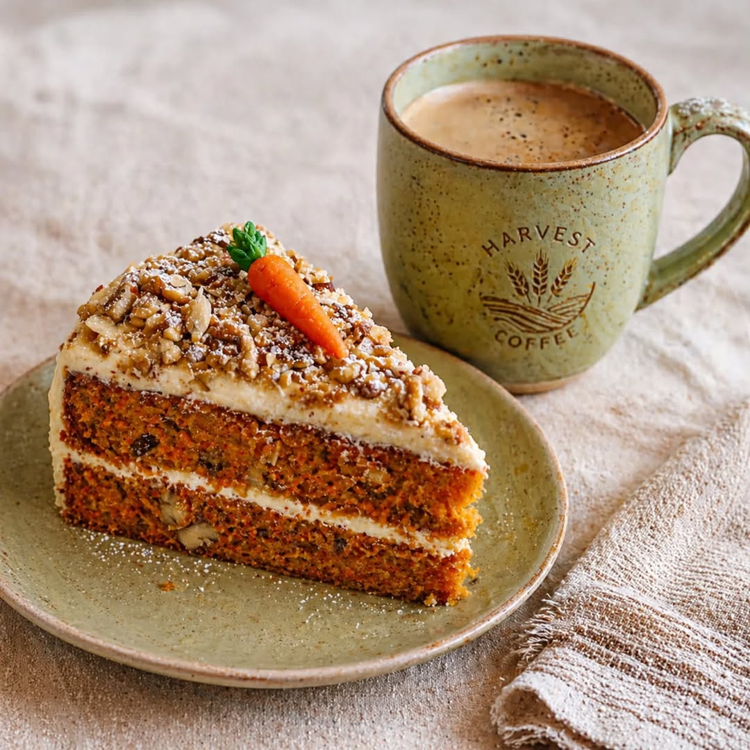 Harvest Cafe branded mug with carrot cake slice on a rustic ceramic plate