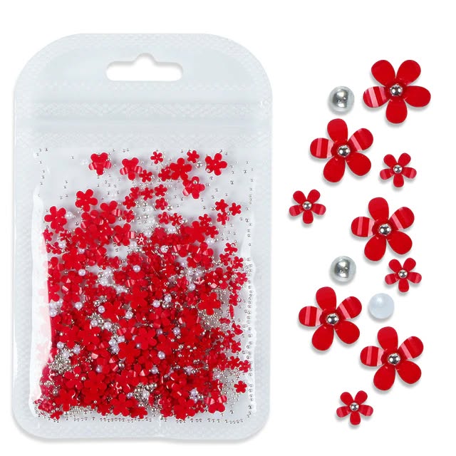 Red flower nail art charms with silver beads