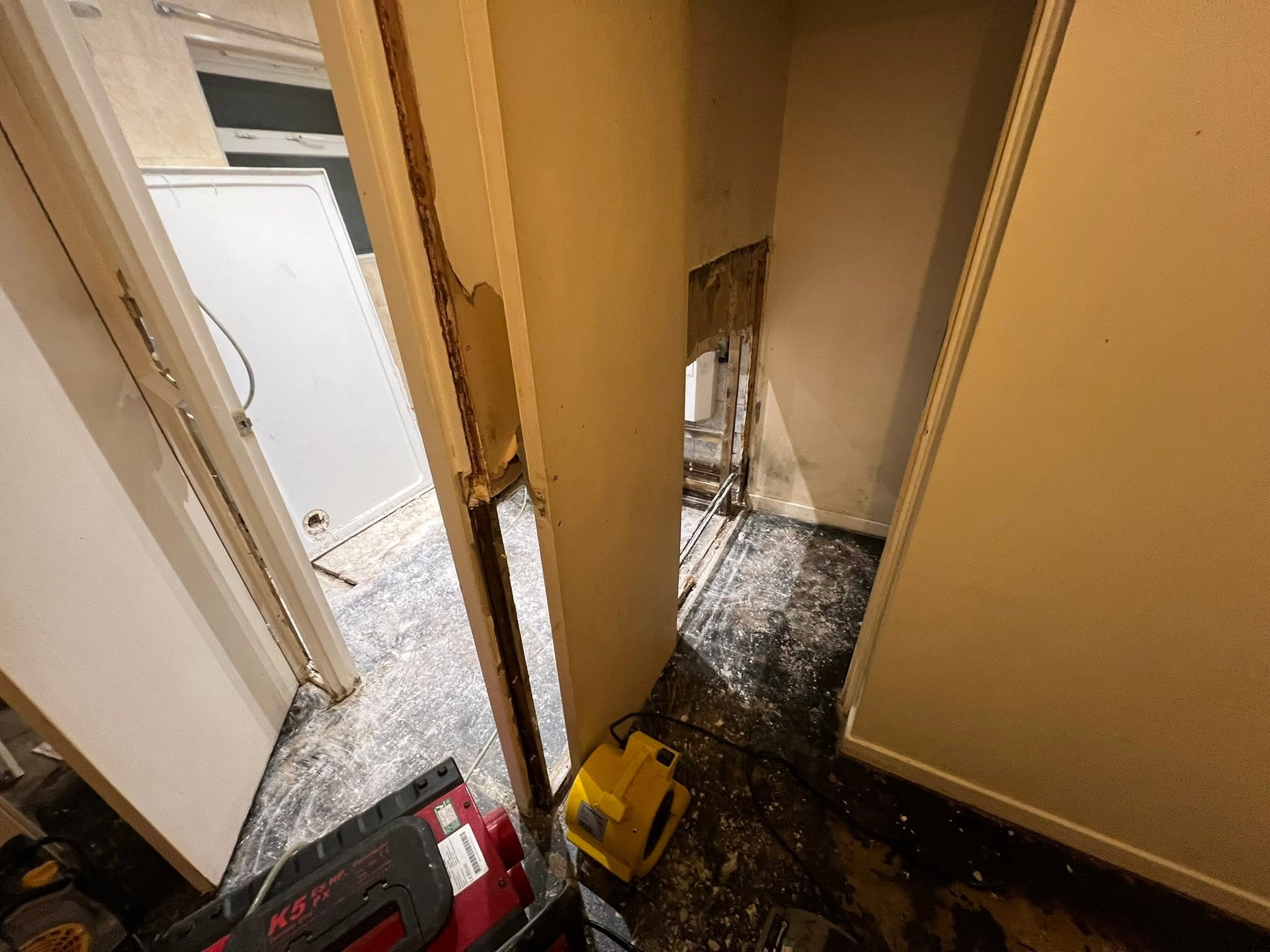 Burst pipe water damage repair and remediation work in progress