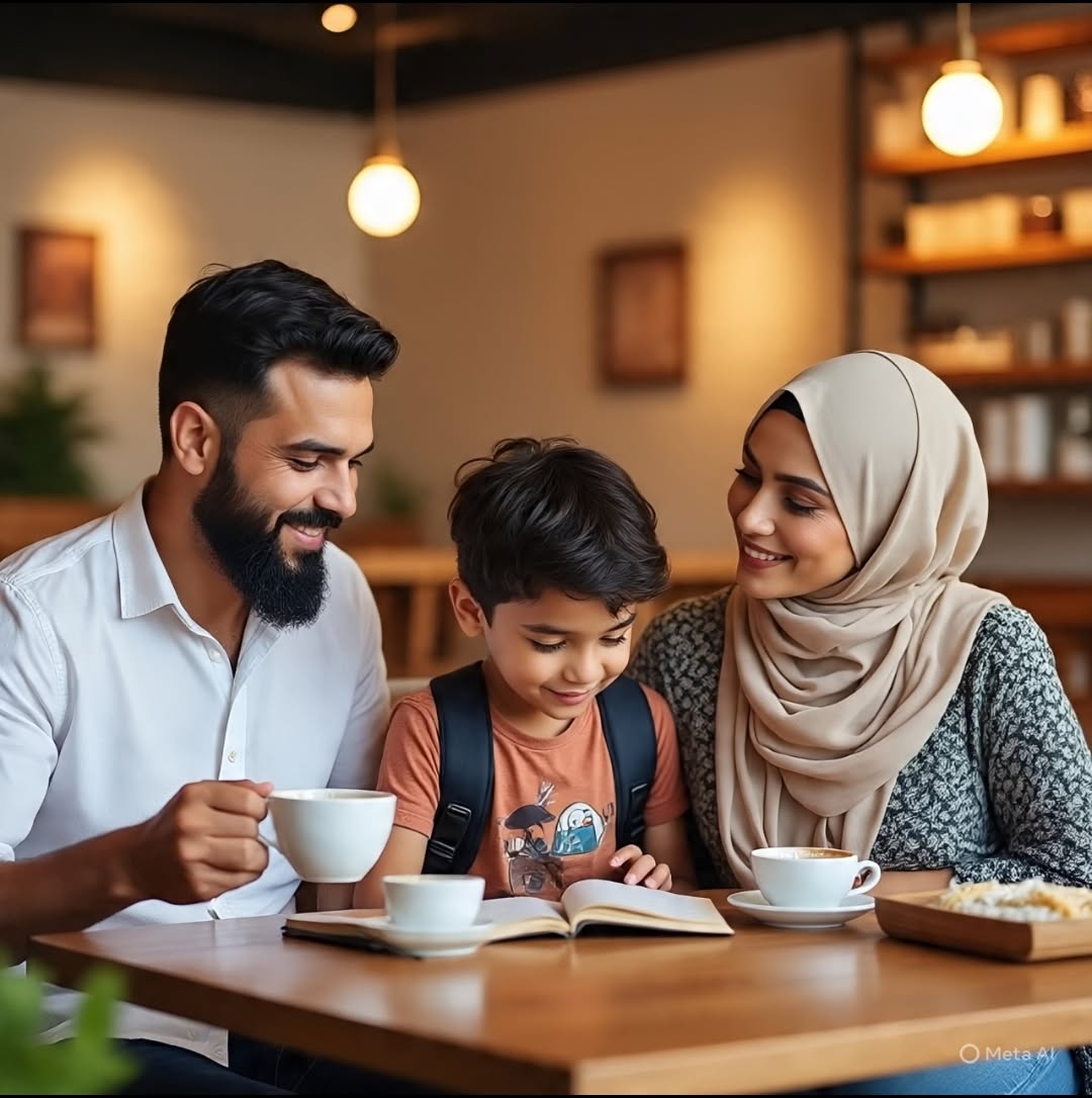 Guests enjoying coffee and baked goods in a warm café setting