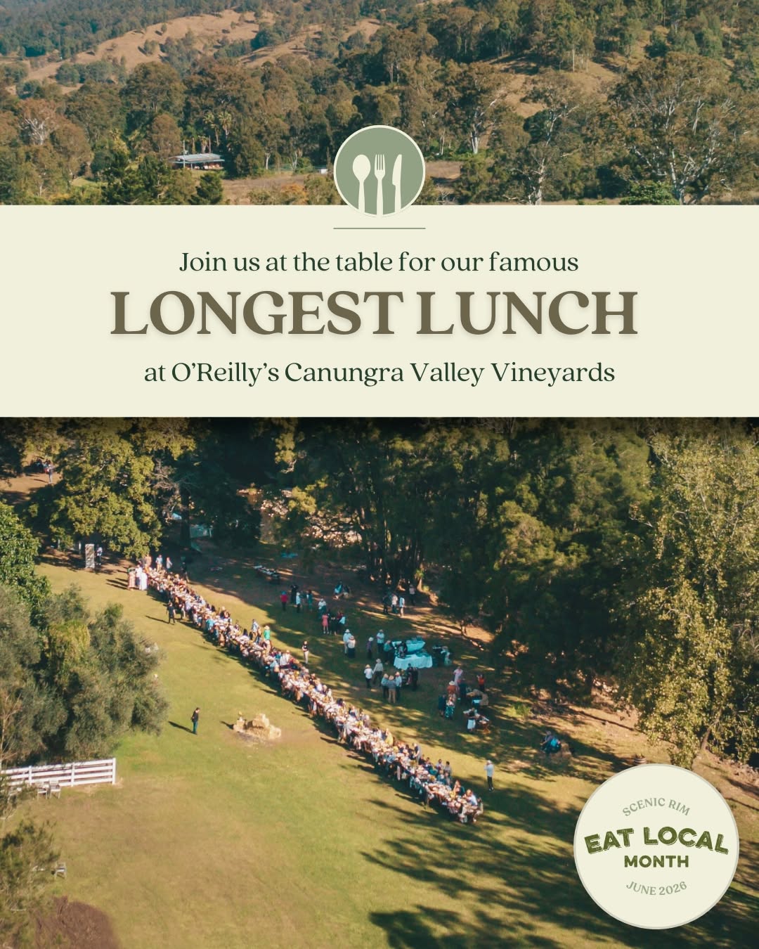 Aerial view of outdoor long lunch dining table through green valley, Canungra