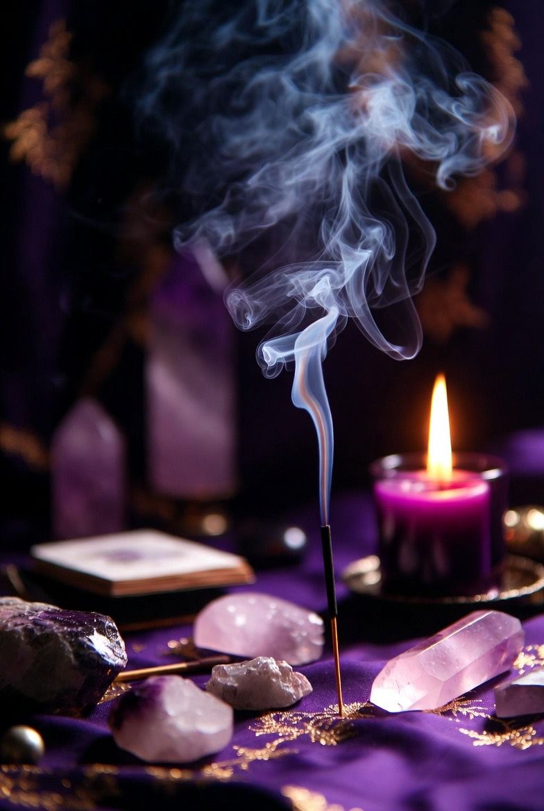 Abstract incense smoke swirling in golden and purple tones against deep black background