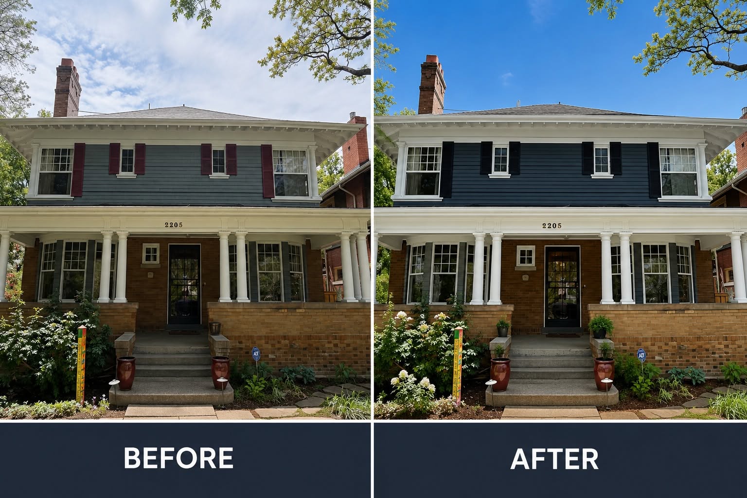 Before and after comparison of a two-storey residential house exterior repainted with dark navy blue cladding