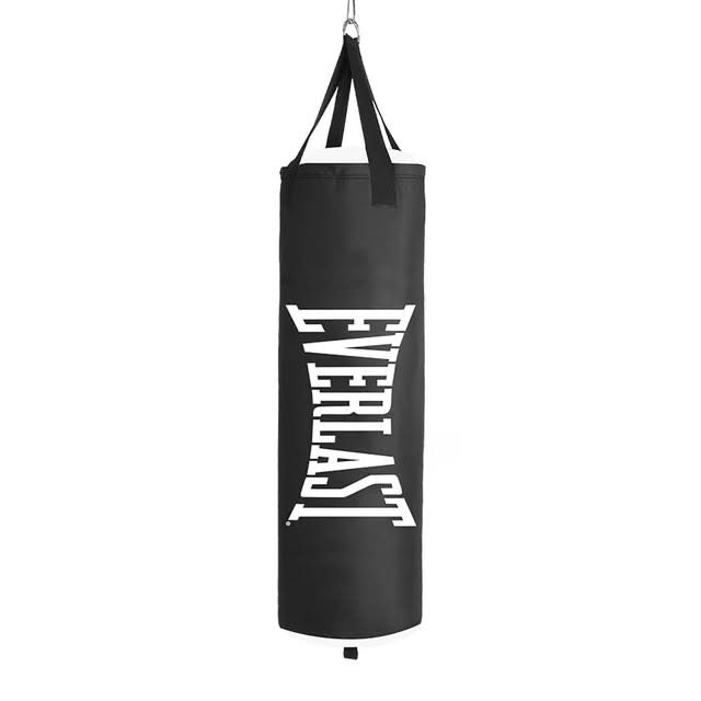 Black hanging boxing bag with a white logo