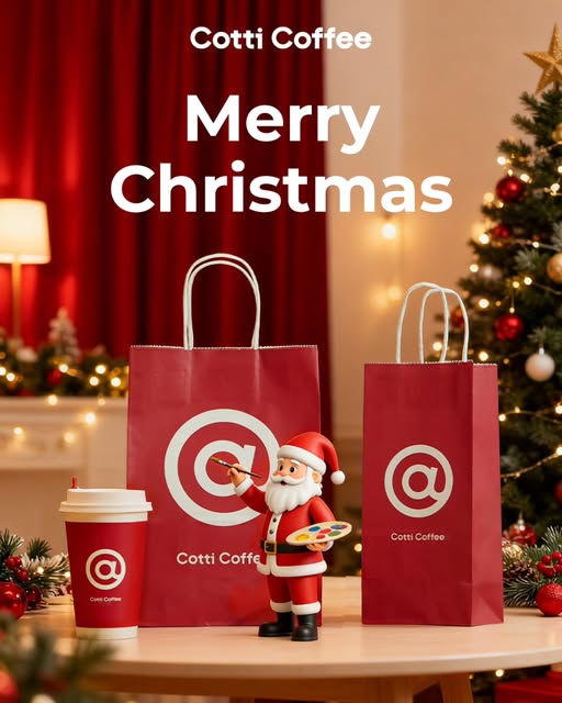Cotti Coffee branded red shopping bags and signature cup displayed in a festive setting