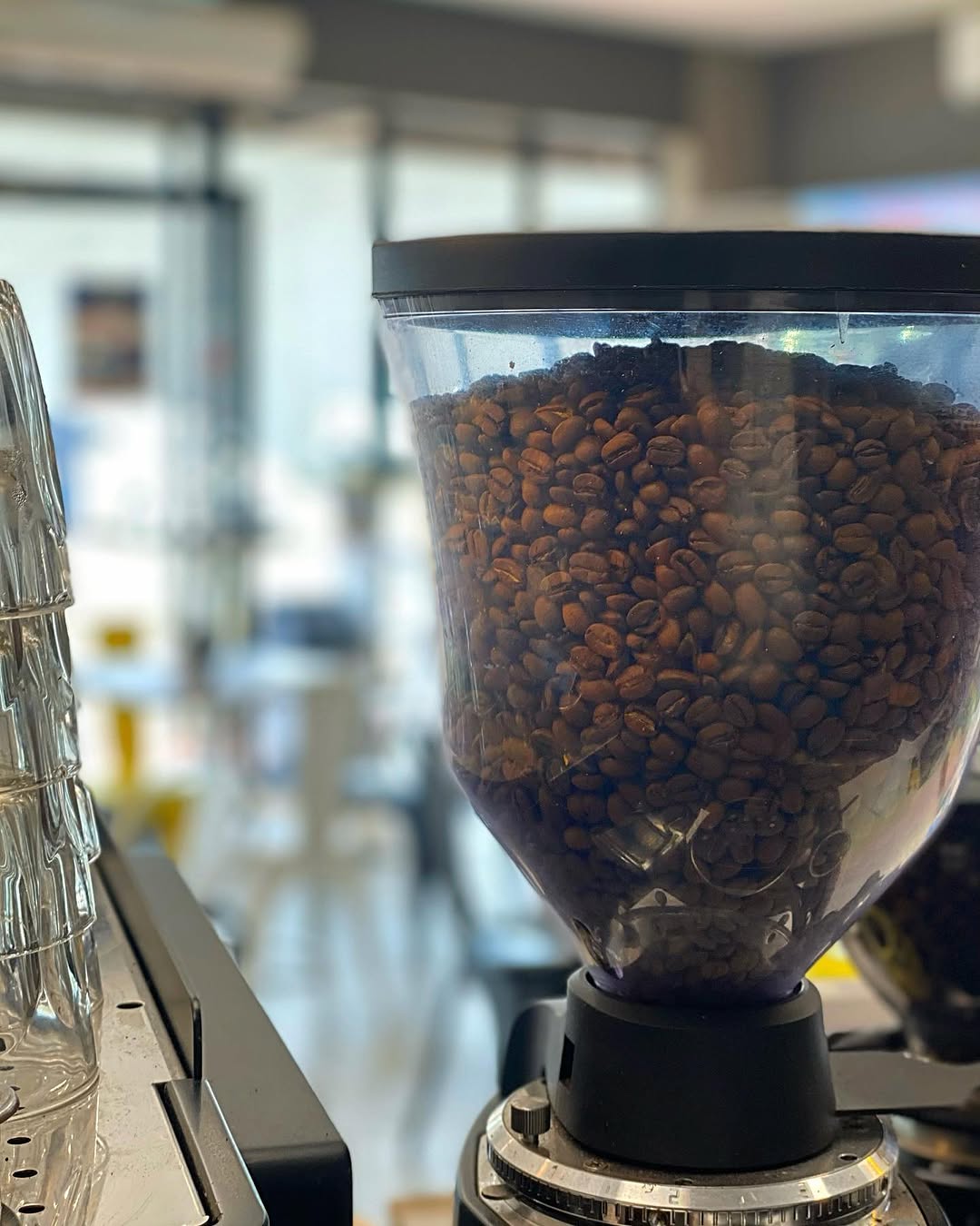 Coffee beans in a grinder hopper at Jorge's Cafe