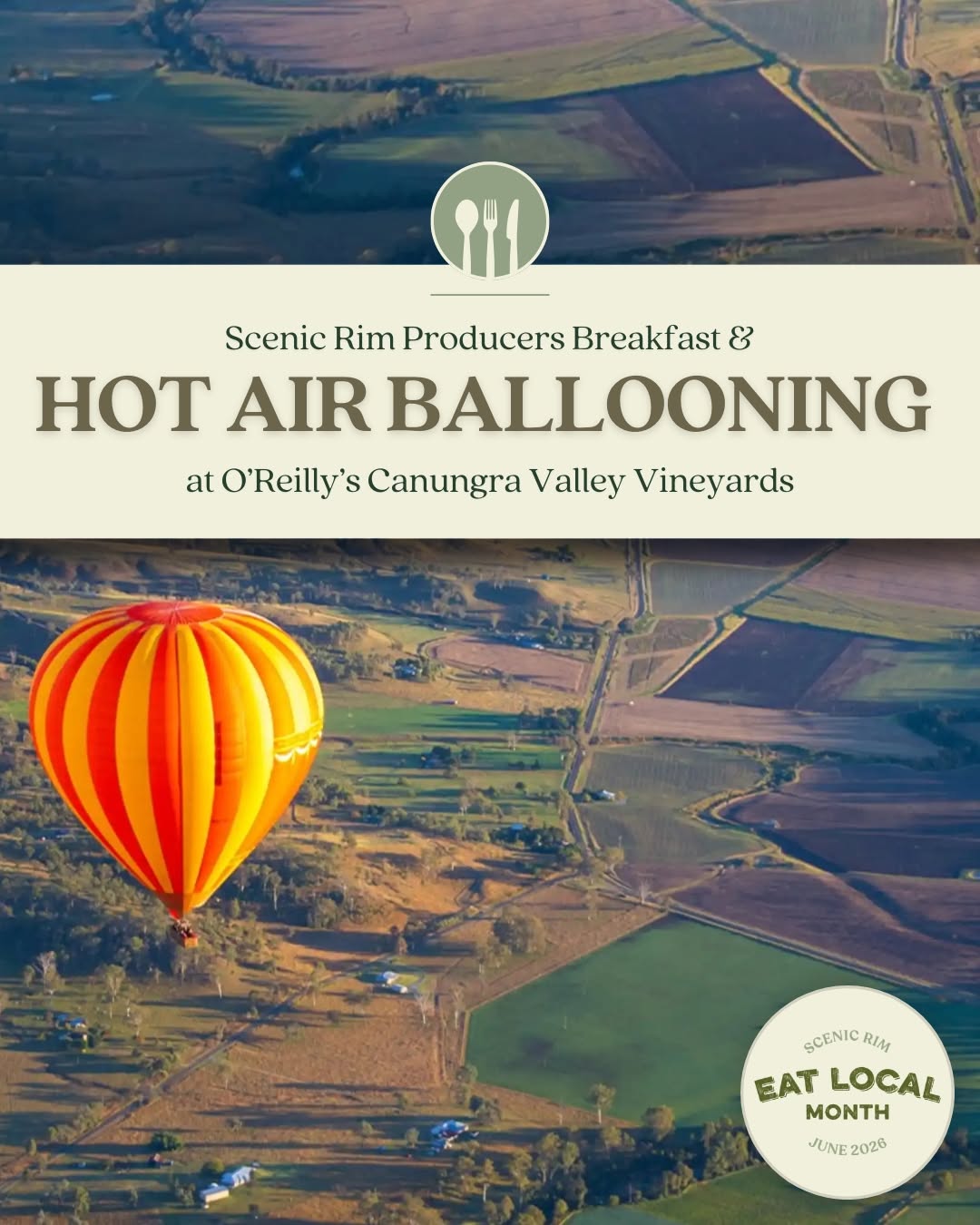 Hot air balloon floating over the Scenic Rim farmlands, Queensland
