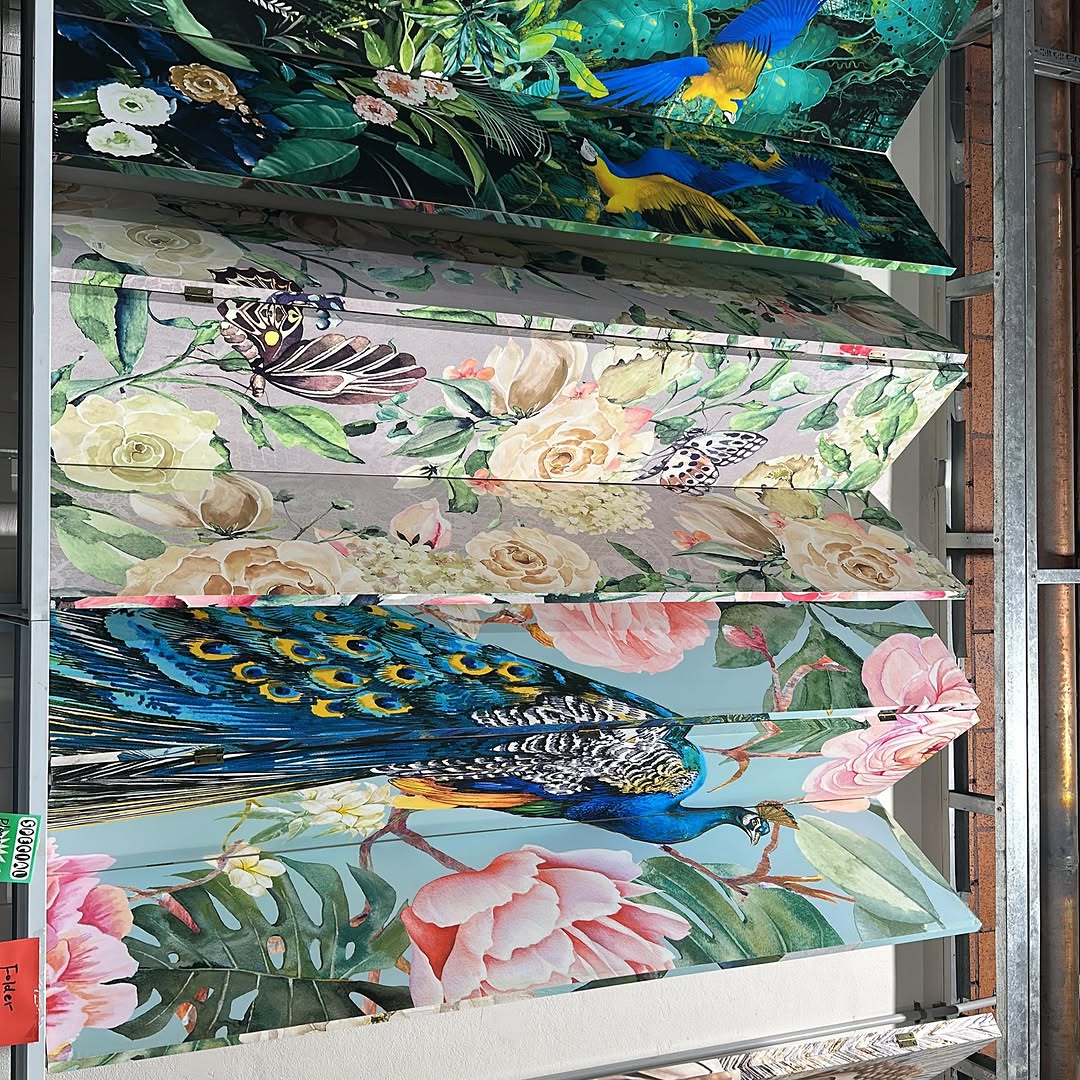 Colourful botanical print wall art including peacock and floral designs on display shelving