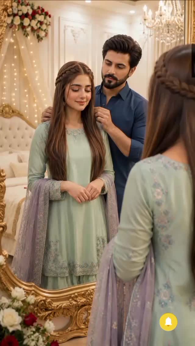 Couple posing in traditional bridal room with golden mirror