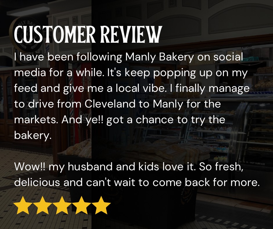 Customer review card showing the Manly Bakery shop interior with a 5-star rating