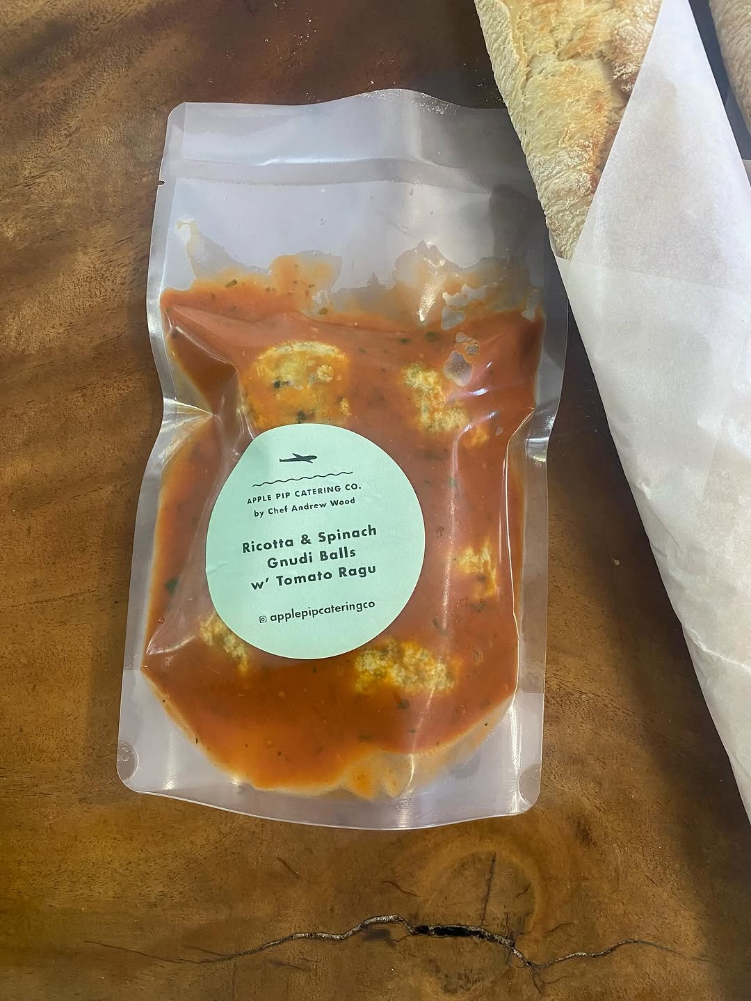 Apple Pip Catering Co ricotta and spinach gnudi balls in tomato ragu – vacuum-sealed pouch