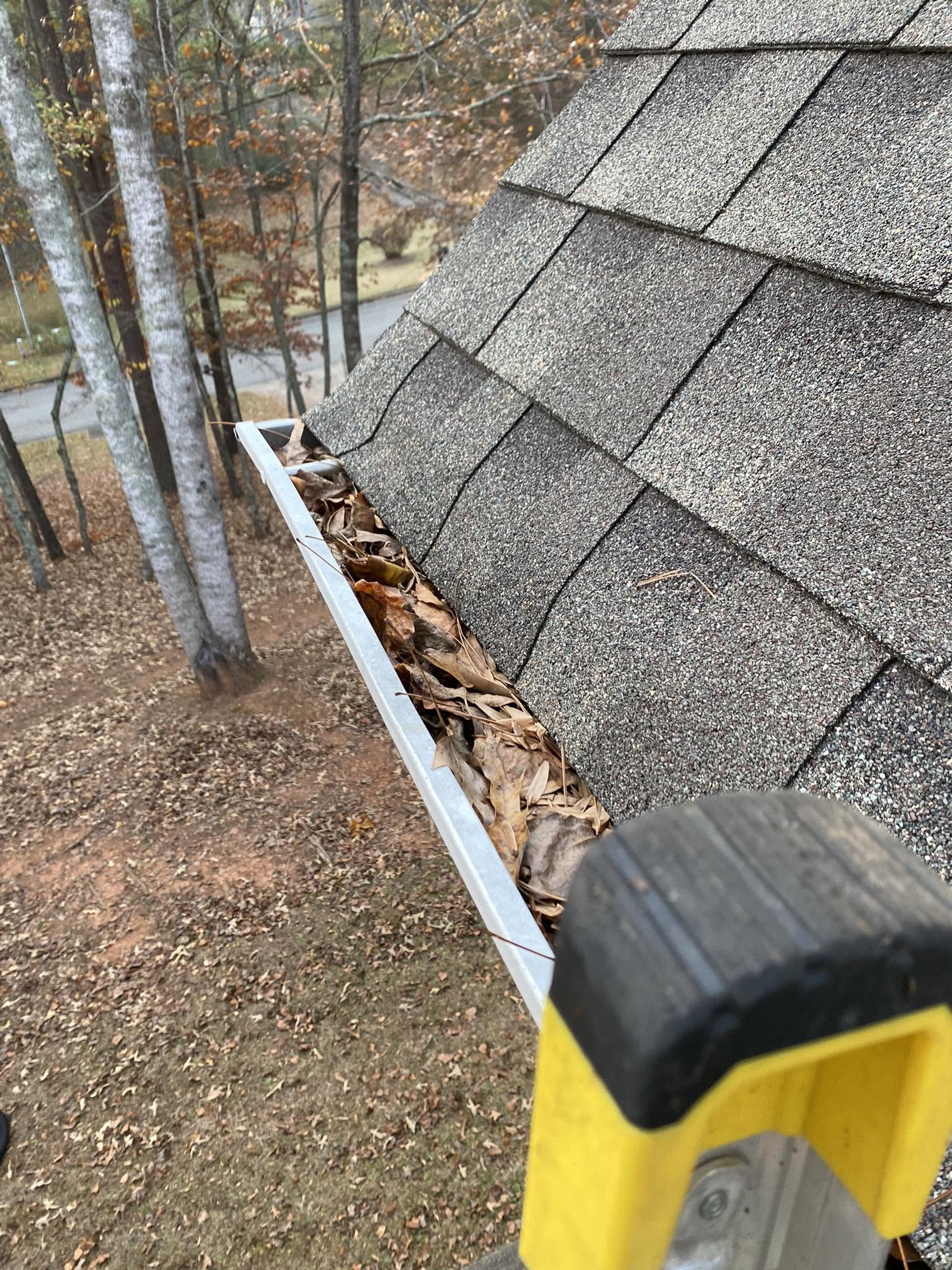 Leaf-blower clearing pine straw and debris from a residential roof