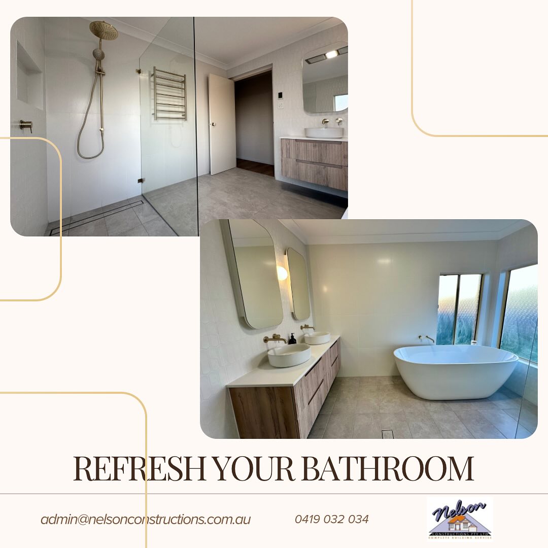 Luxury bathroom renovations by Nelson Constructions featuring walk-in shower, freestanding bath and brushed gold tapware