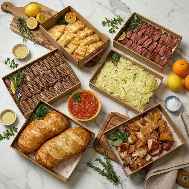 Assortment of Your Private Chef catering boxes featuring grilled meats, bread, and accompaniments
